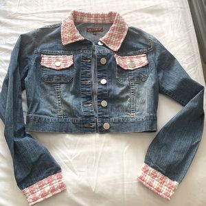 vintage pink checkered jacquard detail jean cropped jacket with front pockets